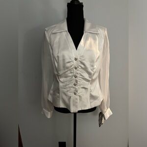Vintage J.R. Nites By Caliendo Blouse White Satin Ruched Button Blouse Sz12 NWT